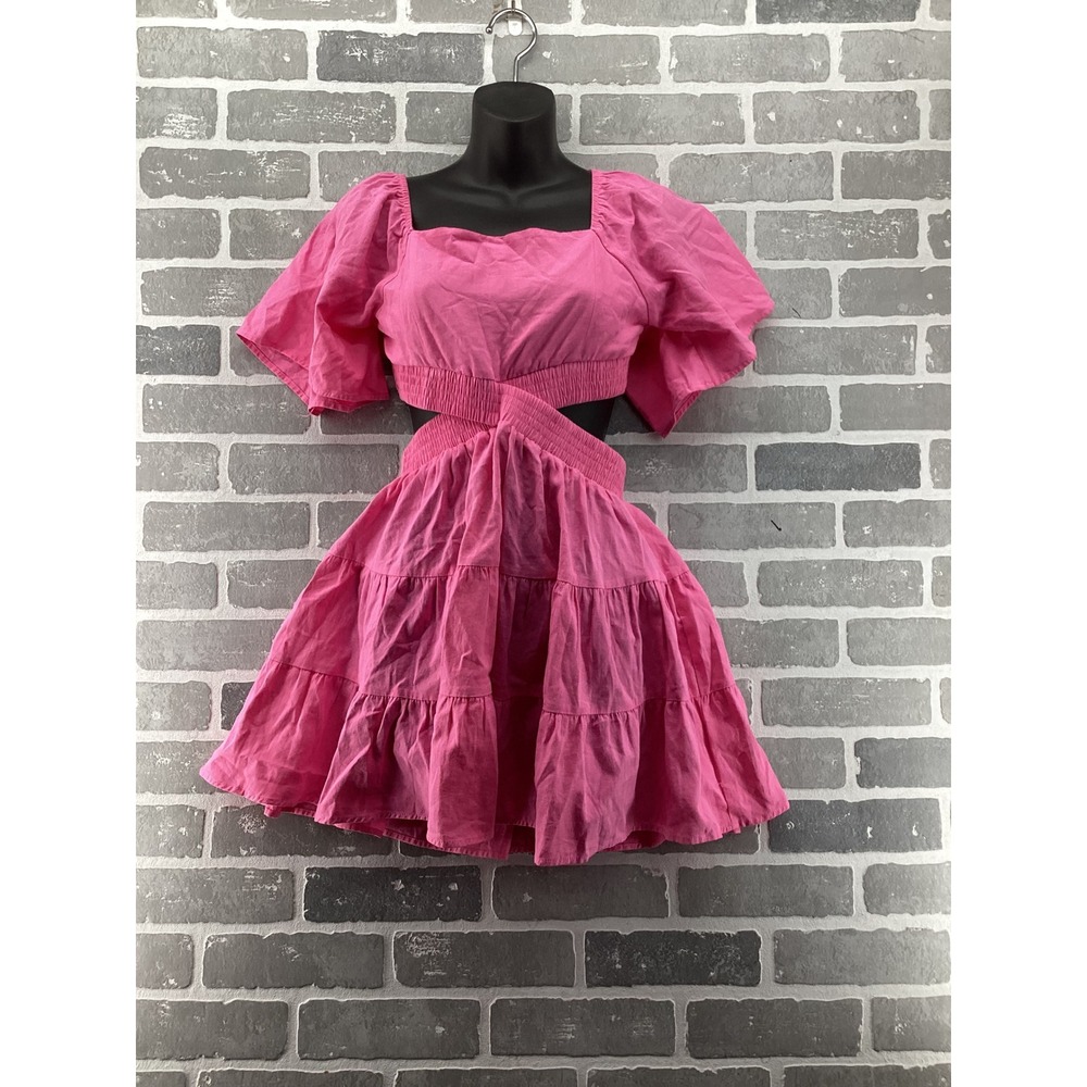 Shy Velvet Pink Cotton Cutout Tiered Mini Dress Puff Sleeve Small #2207 BC
